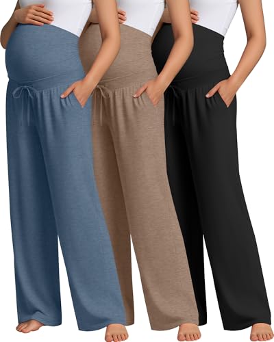 Oakgarden 3 Pack Women's Maternity Pants Over Belly - color: Black, Mocha, Haze Blue, size: Medium