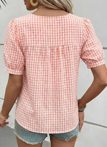 EVALESS Womens Gingham Top Short Sleeve Square Neck Shirts Cotton Blouse - color: Pink, size: Medium