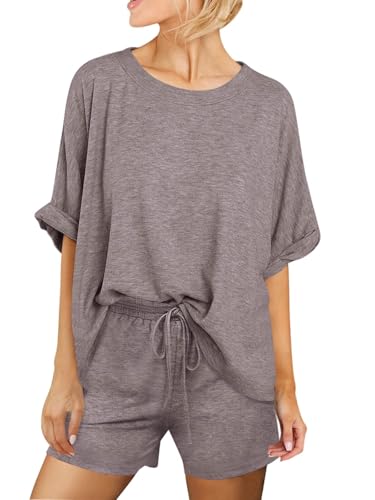 Tankaneo Womens 2 Piece Shorts Sets Oversized Short Sleeve Pajamas Sets - color: Taupe, size: XX-Large
