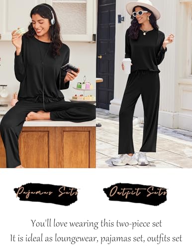 Ekouaer Lounge Sets for Women Long Sleeve Pajamas Fall Loungewear - color: Black, size: Medium