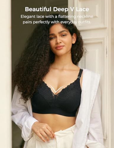 Momcozy Lace Nursing Bra for Breastfeeding, Wirefree Maternity Bra with Fixed Padding, Soft Deep V Bra - color: Black, size: X-Large