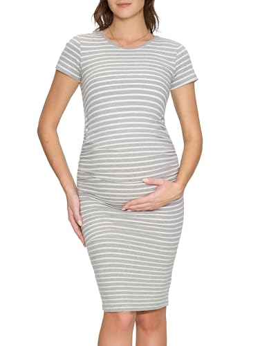 Women's Maternity Dress Short Sleeve Ruched Pregnancy Summer Dresses - color: Light Grey Stripe, size: Small