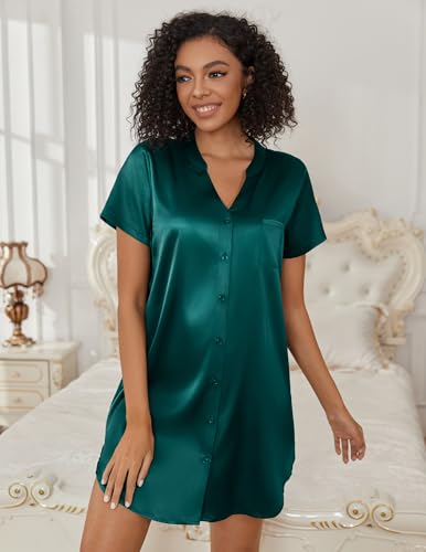 Ekouaer Women's Satin Nightshirt Button Down Sleepshirt Silk Nightgown - color: Blue Green, size: Medium
