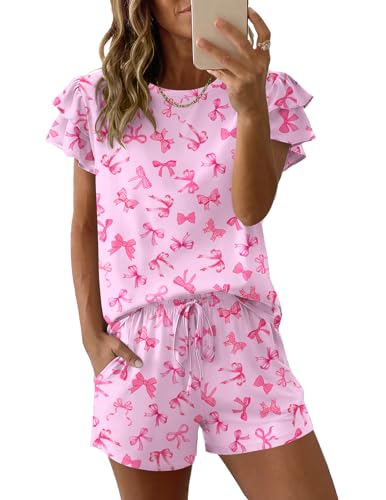 Ekouaer Womens Pajama Sets 2 Piece Ruffle Sleeves Top and Shorts Pjs - color: Bow, size: Medium