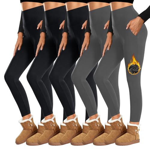 Dimore High Waisted Fleece Lined Leggings for Women with Pockets – Warm Winter Yoga Pants, Workout, Everyday Wear S-M/L-XL - color: 5 Packs -Black*3/Dark Gray*2, size: Large-X-Large
