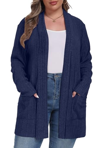 OLRIK Womens Plus Size Cardigan Loose Outwear with Pockets - color: C-navy Blue, size: 5X