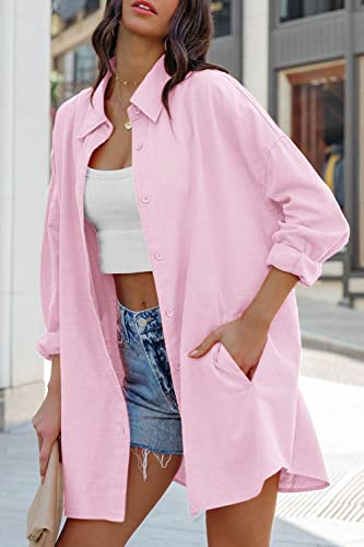 FSHAOES Womens Oversized Button Down Shirts Casual Loose Long Sleeve Solid Lapel Long Blouses Tops with Pockets - color: 05-light Pink, size: Large