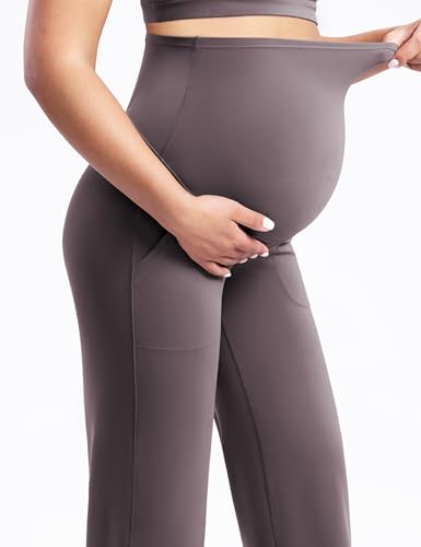 POSHDIVAH Creamluxe Maternity Wide Leg Pants Pregnancy Work Trousers - color: Taupe, size: Medium