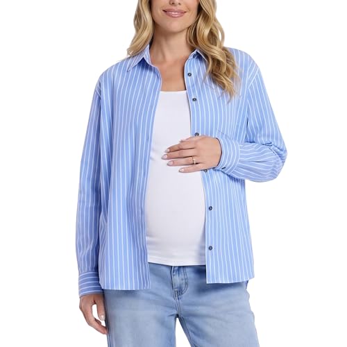 Motherhood Maternity Women's Button Down Poplin Long Sleeve Pregnancy Shirt - color: Provence Stripe, size: Medium