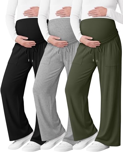 3 Pack Women's Maternity Casual Pants - color: Army Green, Light Mixed Gray, Black, size: X-Large