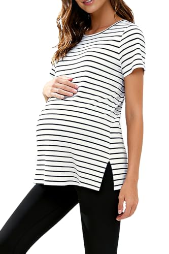 Women's Maternity Shirts Short Sleeve Split Hem Pregnancy Tops Clothes - color: White Navy Stripe, size: Small