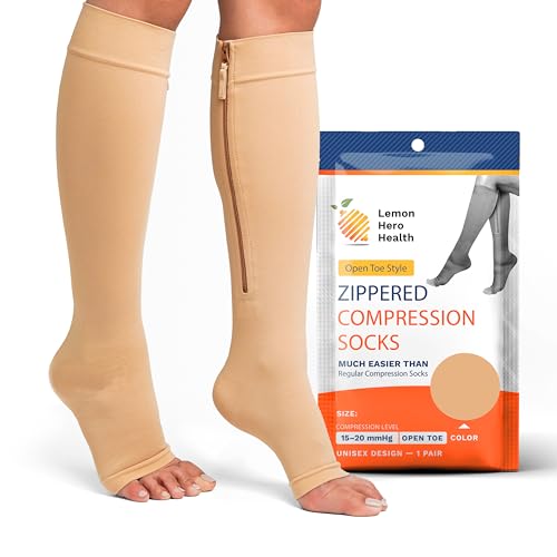 Lemon Hero Zipper Compression Socks 15-20mmHg Open Toe for Women & Men - color: Beige, size: 4X-Large