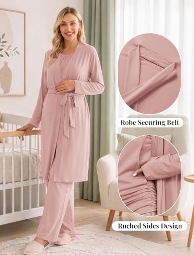 Women 3PCS Maternity Robe Sets Nursing Pajamas Postpartum Breastfeeding Pjs - color: Dirty Pink, size: Large
