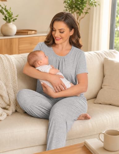 SWOMOG Women 3Pcs Maternity Pajama Set Nursing Pjs Pregnancy Set Breastfeeding Pjs Double Layer with Pockets - color: Grey, size: Medium