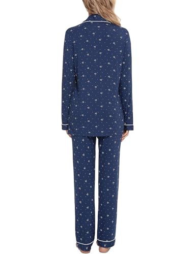 Leikar Button Up Pajamas For Women Long Sleeve Viscose Soft Pjs Lounge - color: Blue White Heart, size: XX-Large