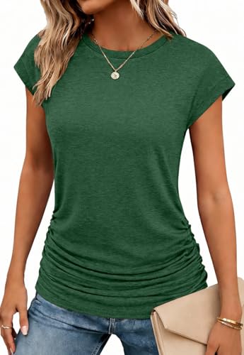 Zeagoo Women's Cap Short Sleeve T-Shirts Ruched Crew Neck Trendy Fashion Tunic Blouse - color: 2-green, size: XX-Large