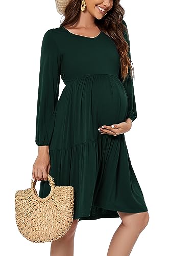 Smallshow Women's Maternity Dress Ruffle Long Sleeve Pregnancy Clothes - color: Deep Green, size: XX-Large