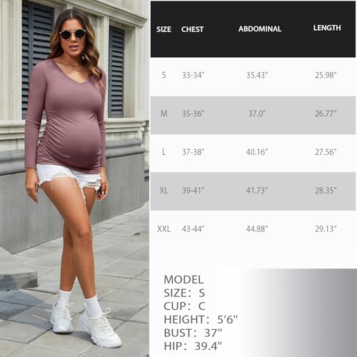 GINKANA Maternity Shirt Long Sleeve Basic Top Ruch Sides Buttons Tshirt for Pregnant - color: Mauve, size: Small