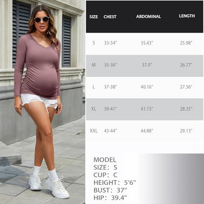 GINKANA Maternity Shirt Long Sleeve Basic Top Ruch Sides Buttons Tshirt for Pregnant - color: Mauve, size: X-Large