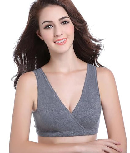 CAKYE 3 Pack Maternity Nursing Sleep Bra Breastfeeding Cotton Bralette - color: Black/Deep Grey/Nude, size: Large