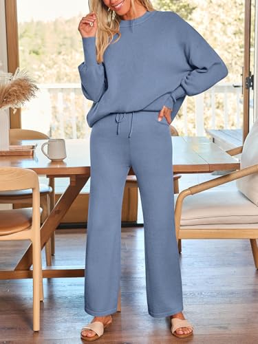 LILLUSORY Women 2 Piece Matching Lounge Sweater Sets 2026 Fall Outfit - color: Dusty Blue, size: Large
