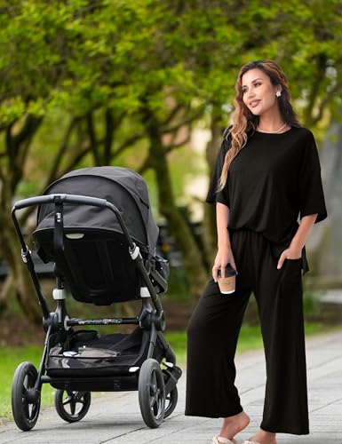 Maternity Lounge Set, 2 Piece Matching Set with Wide Leg Pants - color: Black, size: X-Large