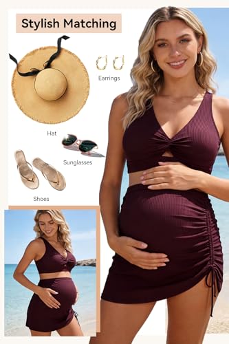 SHEKINI Women's Two-Piece Maternity Swimsuit Pregnancy Bathing Suit Set - color: Purple-red, size: Medium