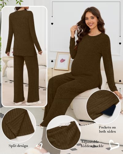 Women's 2 Piece Maternity Ribbed Pajama Outfit - color: Brown, size: Small
