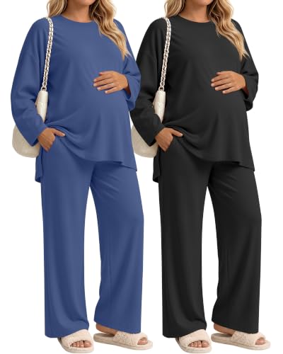 Huukeay 2 Pack Maternity Long Sleeve Pajamas Sets - color: Black, Haze Blue, size: X-Large