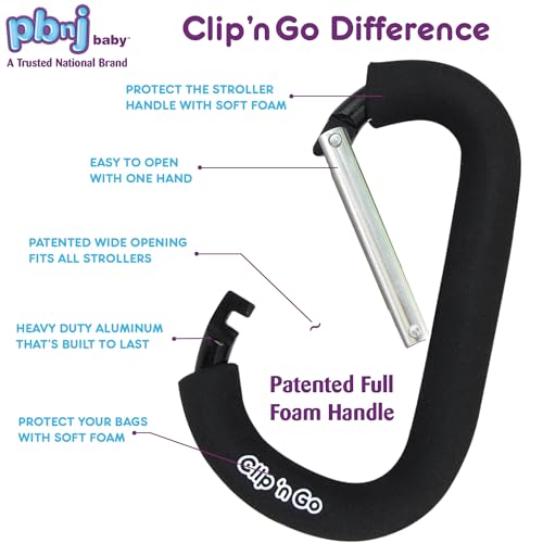 PBnJ Baby Stroller Hooks, Large Carabiner Clip, Diaper Bag Purse, 2 Pack