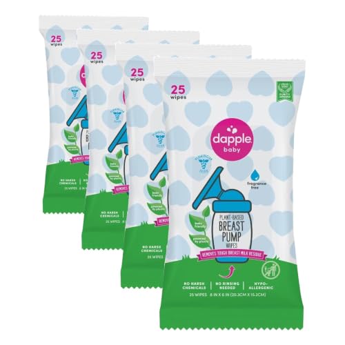 Dapple Breast Pump Wipes, Powered by Plants, Hypoallergenic, Removes Milk Residue, Fragrance Free, Convenient Wipes Pouch, 25 Count (8 Pack) - size: 25 Count (Pack of 8)