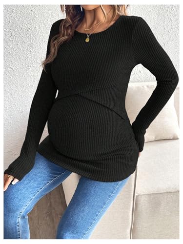 MakeMeChic Women's Maternity Shirts Nursing Top Fall Maternity Clothes - color: Black, size: Medium