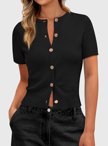 PRETTYGARDEN Womens Summer Cardigan Short Sleeve Sweater - color: Black, size: Medium