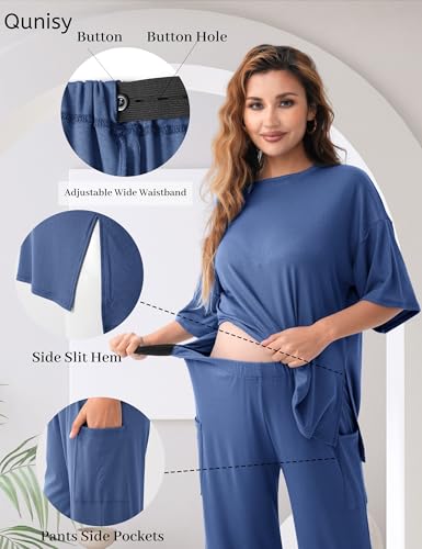 Maternity Lounge Set, 2 Piece Matching Set with Wide Leg Pants - color: Deep Blue, size: X-Large