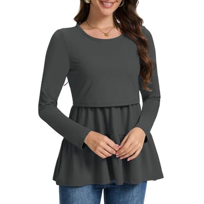 Bearsland Long Sleeve Nursing Top - color: Black & Iron Gray & Tea Brown, size: Large