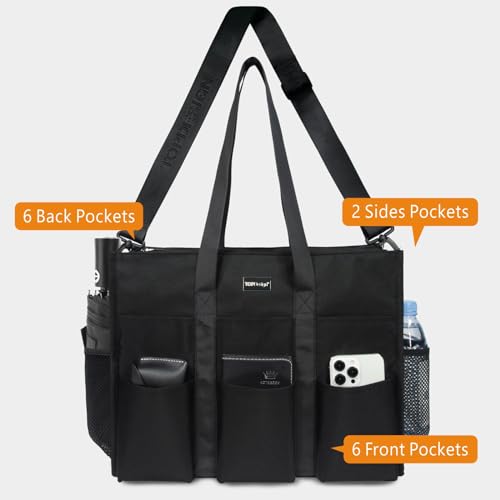 TOPDesign Utility Water Resistant Tote Bag with 22 Pockets, Zipper Closure - color: Black, size: Medium