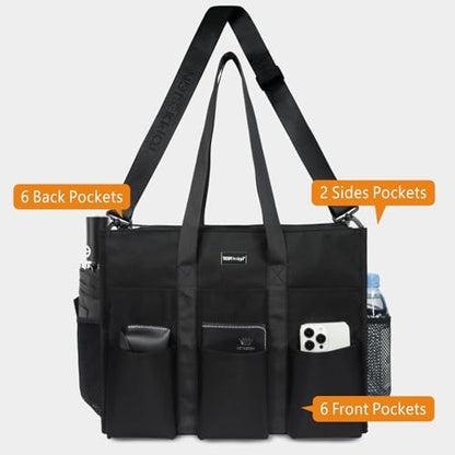 TOPDesign Utility Water Resistant Tote Bag with 22 Pockets, Zipper Closure - color: Black, size: Medium