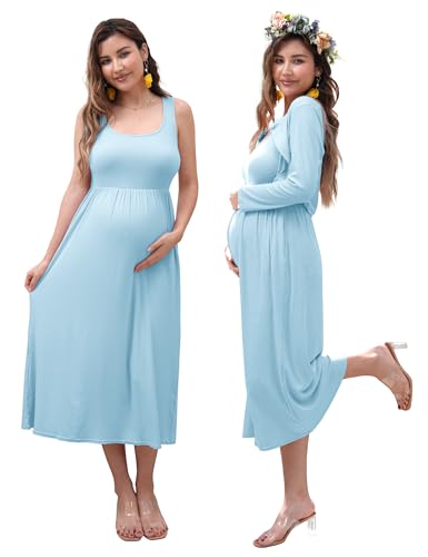 2 PCS Maternity Dress with Cardigan Set, Tank Maxi Pregnancy Dresses - color: Dusty Blue, size: Small