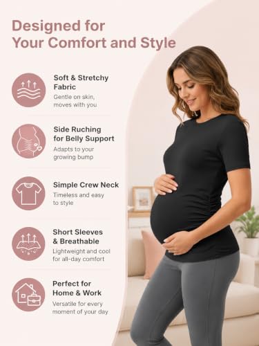 Women's Maternity Shirts Sleeve Casual Crew Neck Undershirts Athletic Moisture Wicking Side Ruched - size: Small