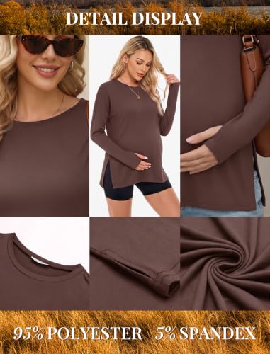 3 Pack Women Maternity Shirts Long Sleeve Pregnancy Tops with Thumb Hole - color: Black/Brown/Caramel, size: Medium