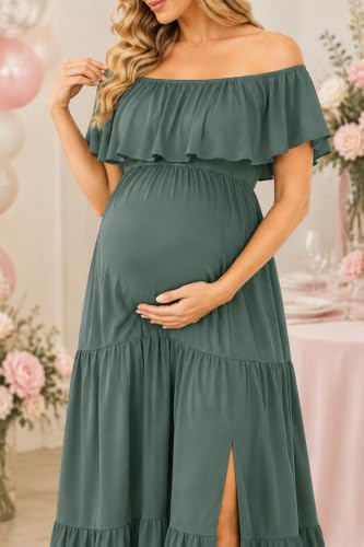 Talisea Maternity Off Shoulder Ruffle Maxi Dress Pregnancy Baby Shower - color: Green, size: Medium