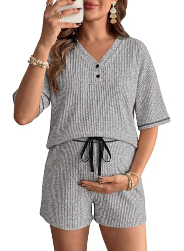 BLENCOT Maternity Pajamas Nursing Set Shorts Pregnancy Pj Sets - color: Grey, size: Small