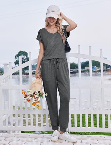 Ekouaer Womens Pajama Sets 2 Piece Lounge Set Short Sleeve Jogger Pants Pjs - color: Dark Grey, size: X-Large