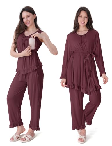 SUNNYBUY 3 PCS Ruffle Maternity Nursing Pajamas Set & Robe for Postpartum - color: Burgundy, size: Small