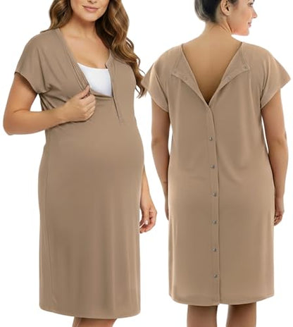 PATPAT Maternity Labor and Delivery Gown, Womens Hospital Gown with Pockets - color: Beige, size: Medium (Fit S/M)