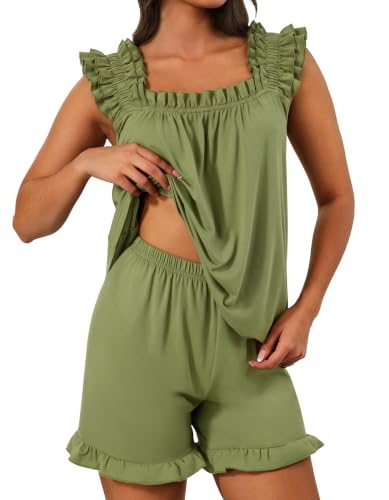 SIMIYA Pajamas for Women Set Ruffle 2 Piece Pj Sets Soft Bridal Sleepwear - color: Green, size: Small