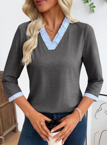 EVALESS Womens Tops Striped Colorblock V Neck 3/4 Sleeve Blouses Tunics - color: Grey, size: Medium