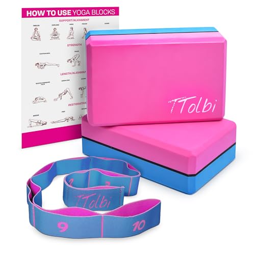 Yoga Blocks 2 Pack with Strap and Guide – Soft Non-Slip EVA Foam Blocks - color: Pink/Blue - Stretch Band Blue