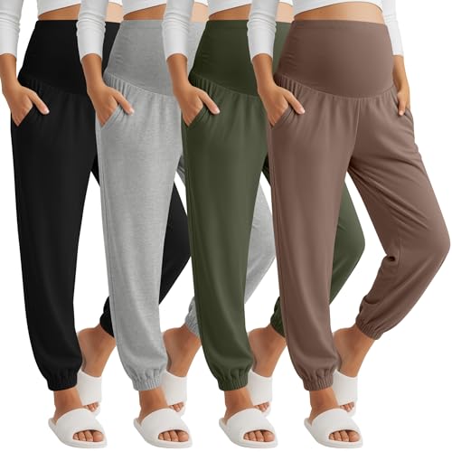4 Pack Women's Maternity Jogger Pants - color: Coffee, Army Green, Light Gray, Black, size: Small