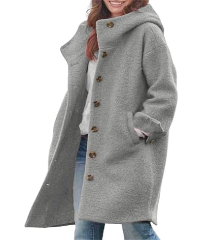 chouyatou Women's Winter Single Breasted Long Wool Coat with Hood Casual Wool Blend Trench Coat Jacket - color: Gray, size: Small
